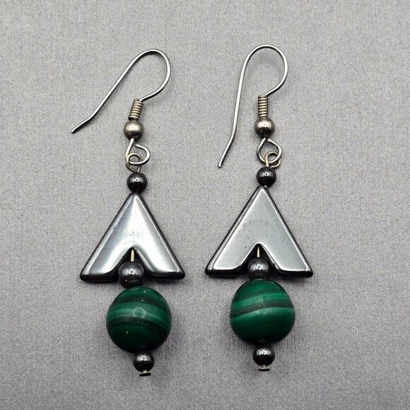 VTG Malachite & Hematite Drop Earrings 2" Sterling Silver Hook Closures - Picture 6 of 6